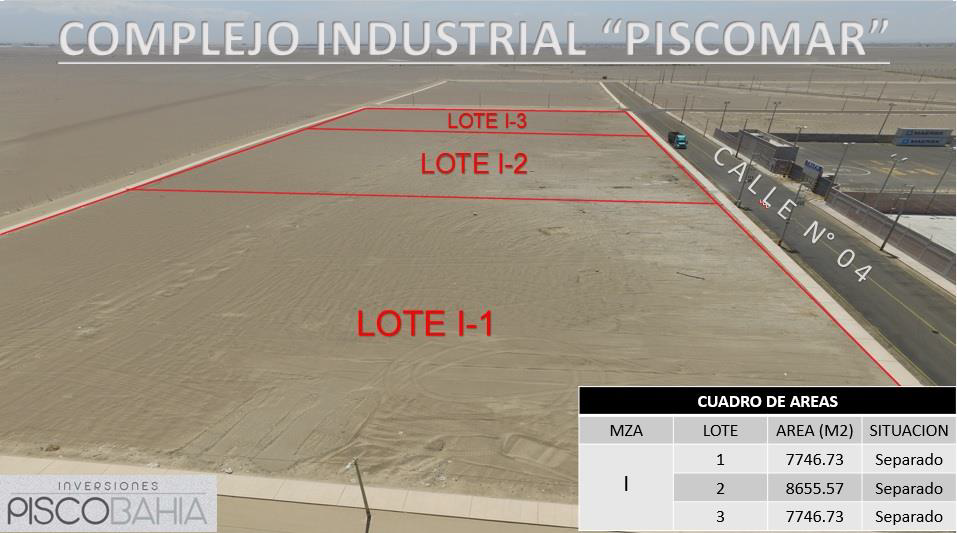Vista aérea de la manzana I del Complejo Piscomar con los lotes I-1, I-2 e I-3 delimitados sobre la Calle N° 04